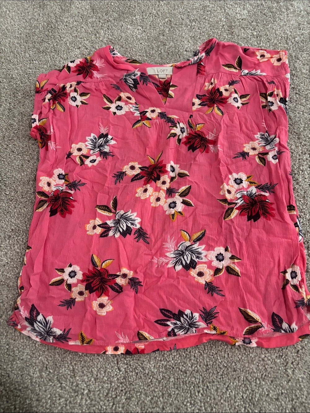 LOFT Hot Pink Floral V-Neck Short Sleeve Blouse